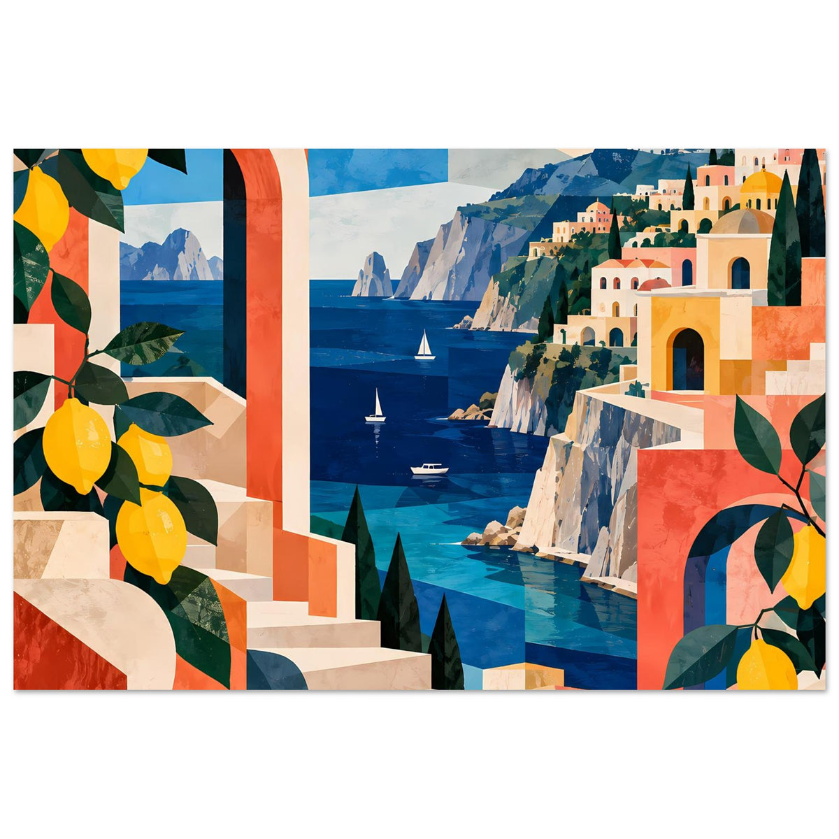 Mediterranes Küstenposter mit Zitronenmotiv, Blick auf Küste mit Meer, Felsen und Gebäuden im Querformat