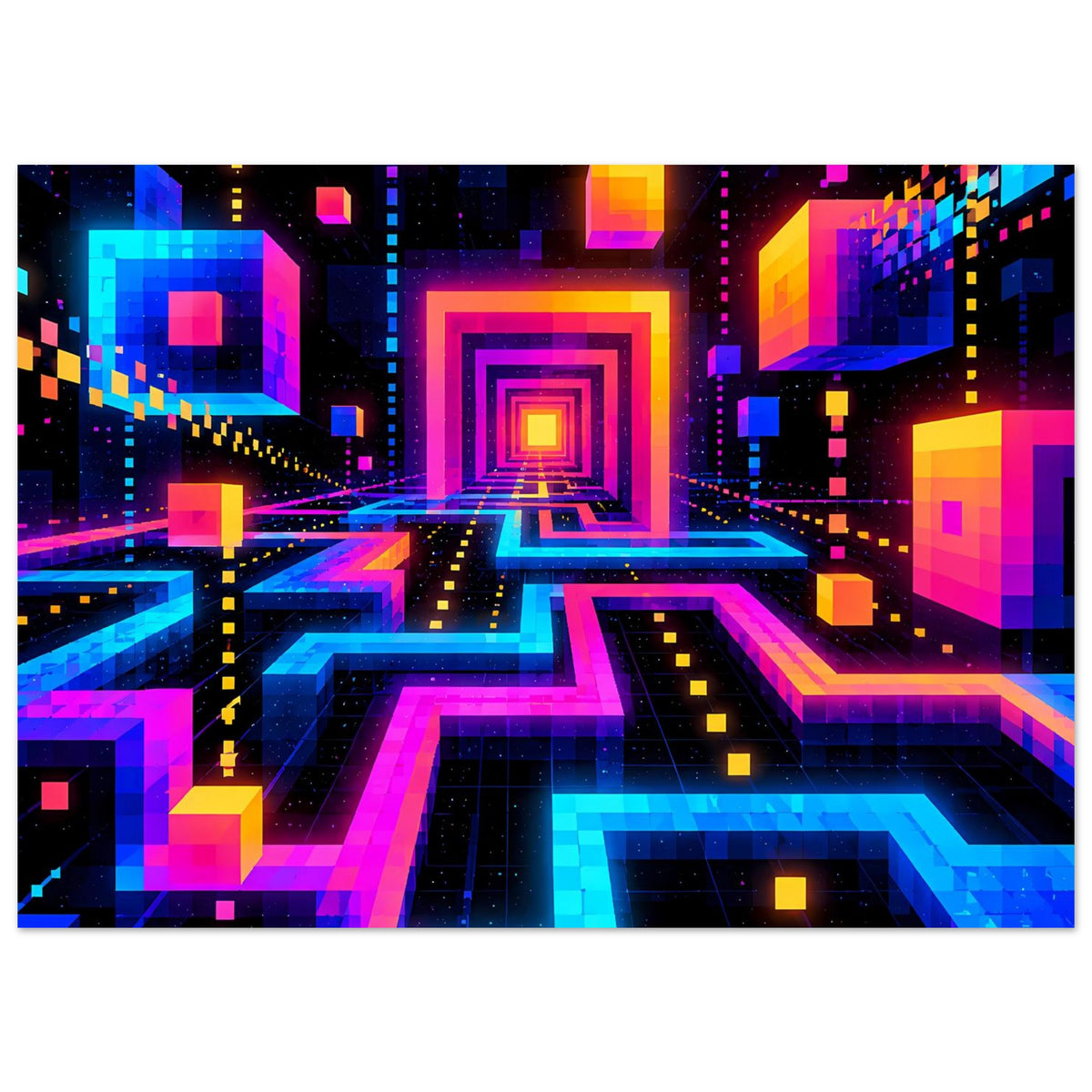 Geometrisches Science-Fiction-Poster mit neonfarbenem Labyrinth aus 3D-Gängen