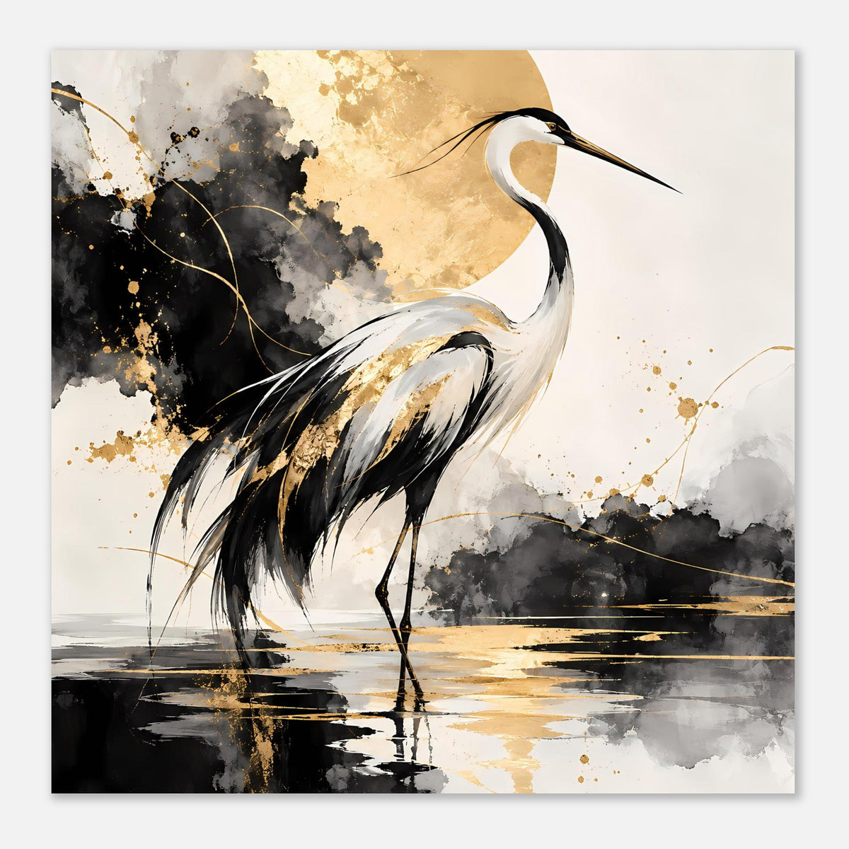 Vogelposter: Kranichkopf und Gefieder groß dargestellt, Schwarz-Gold-Details und Linien
