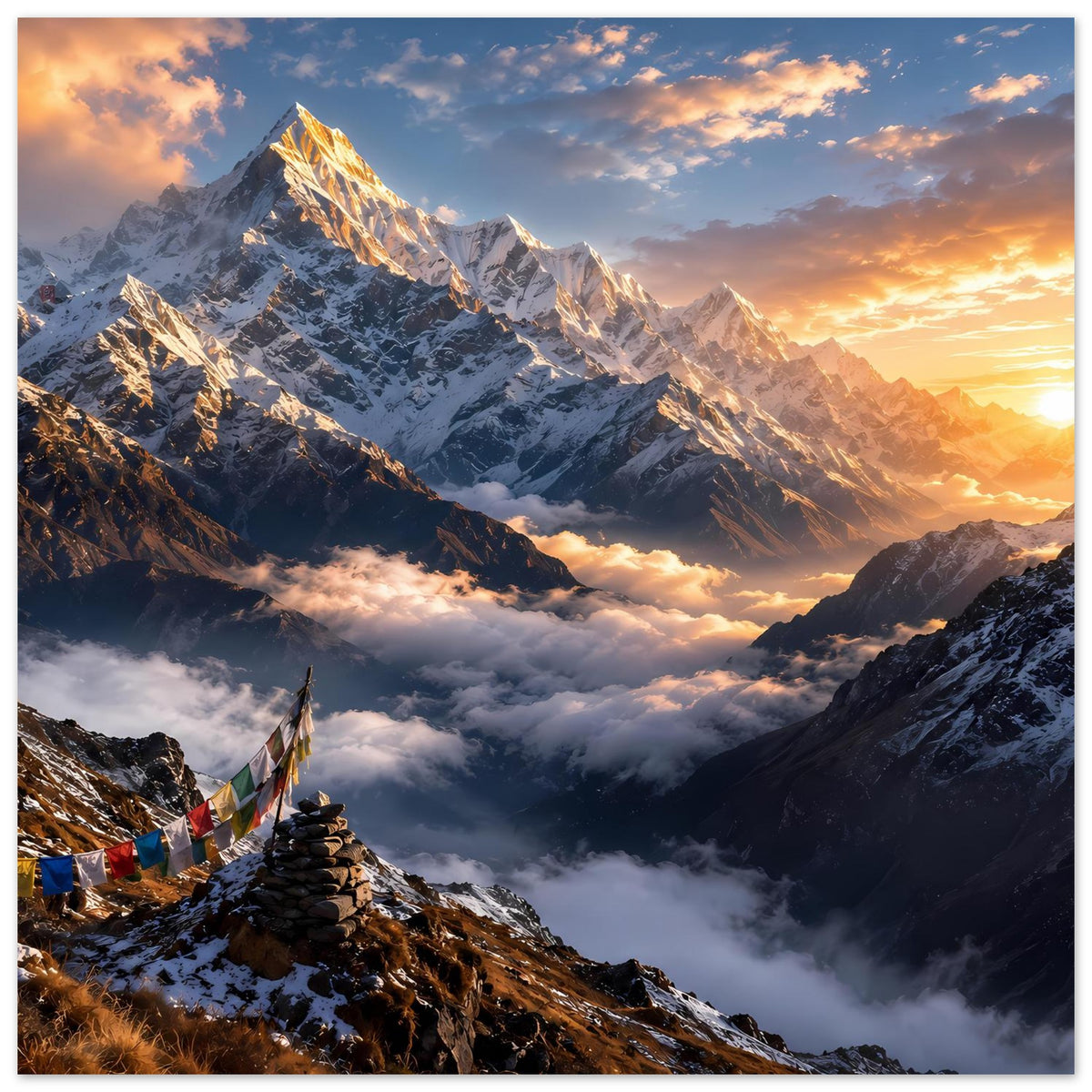 Breitformat-Poster mit Sonnenaufgang über Bergen, Gebetsfahnen am Grat und Wolken