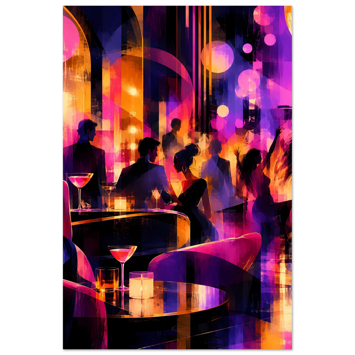 Nachtleben-Poster: Silhouetten an Bar mit Cocktailgläsern, bunte Neon-Lichtbögen