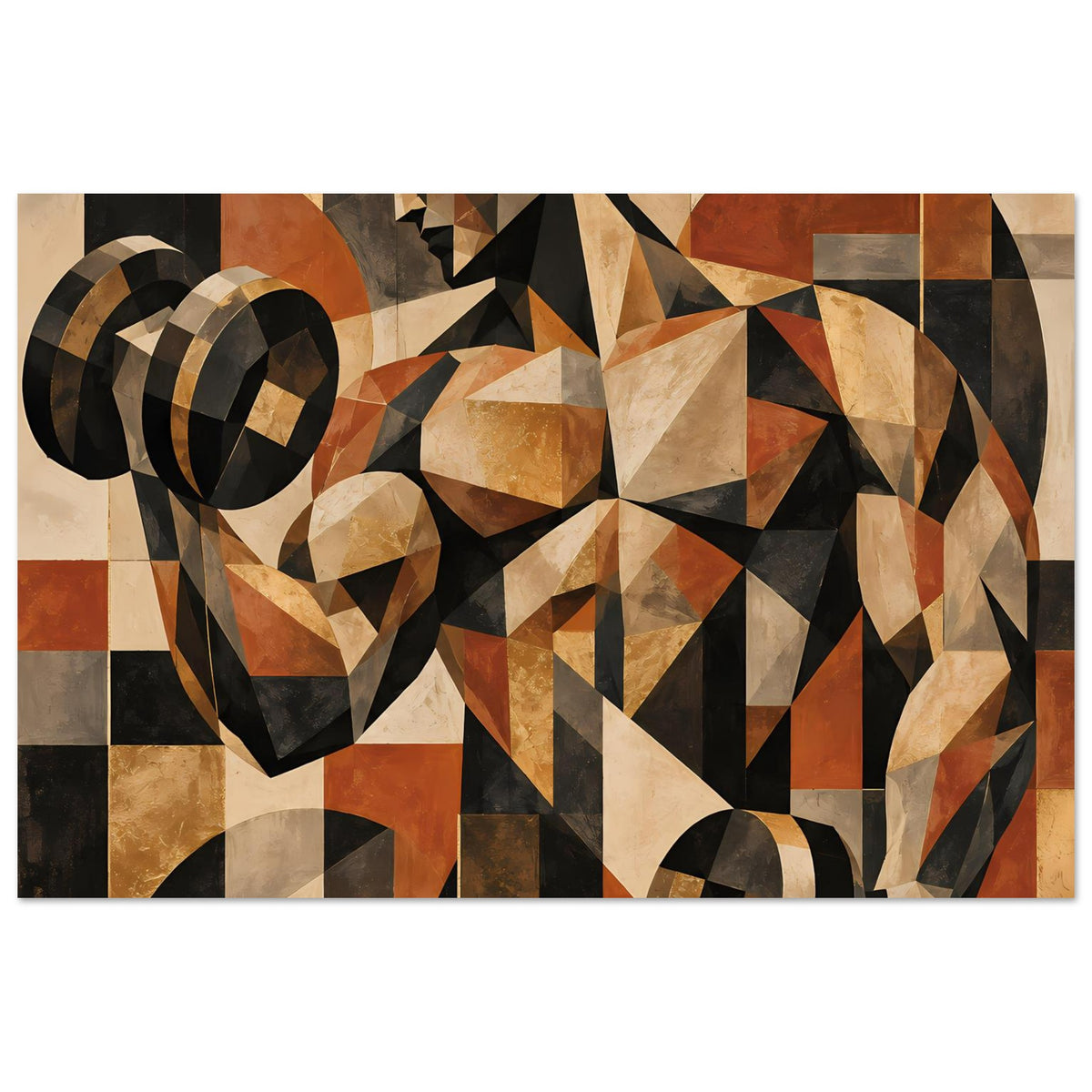 Abstraktes Kraft-Poster mit diagonalen Streifen und kubistischen Dreiecken in Beige, Rost und Dunkel.