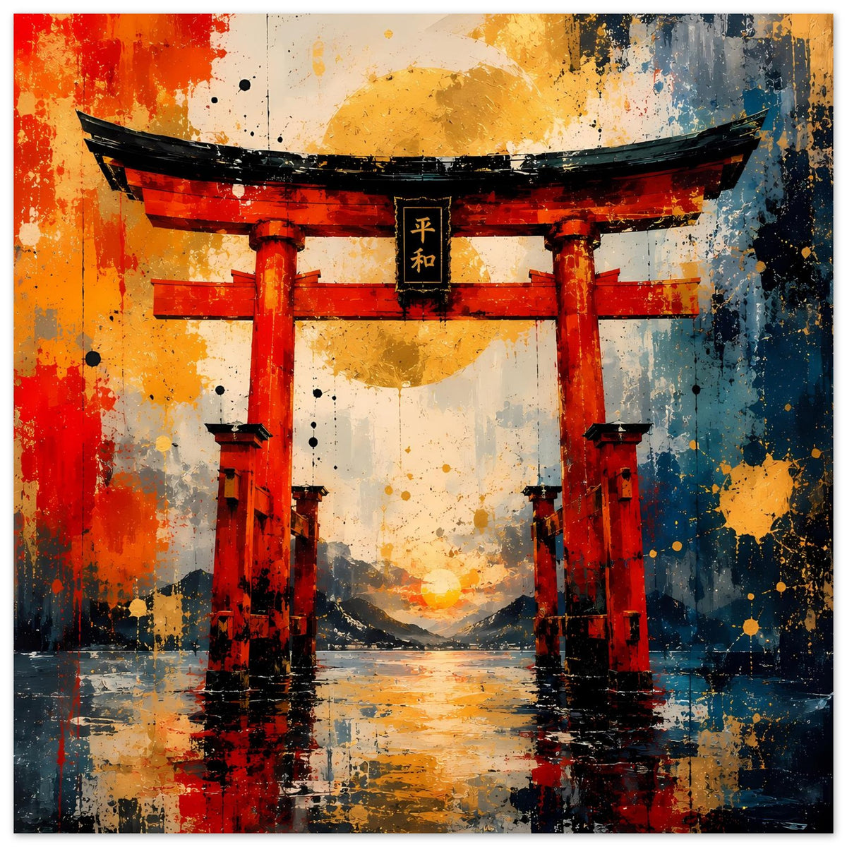 Poster mit Torii-Tor, kräftiges Rot, blaues Flächenmuster und goldgelbe Sonne im Hintergrund