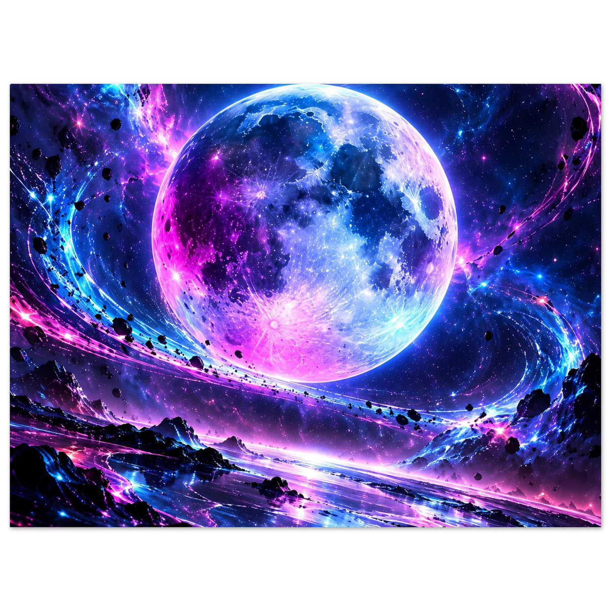 Horizontales Poster mit großer Planetkugel in Blau/Violett und Sternenraum darunter