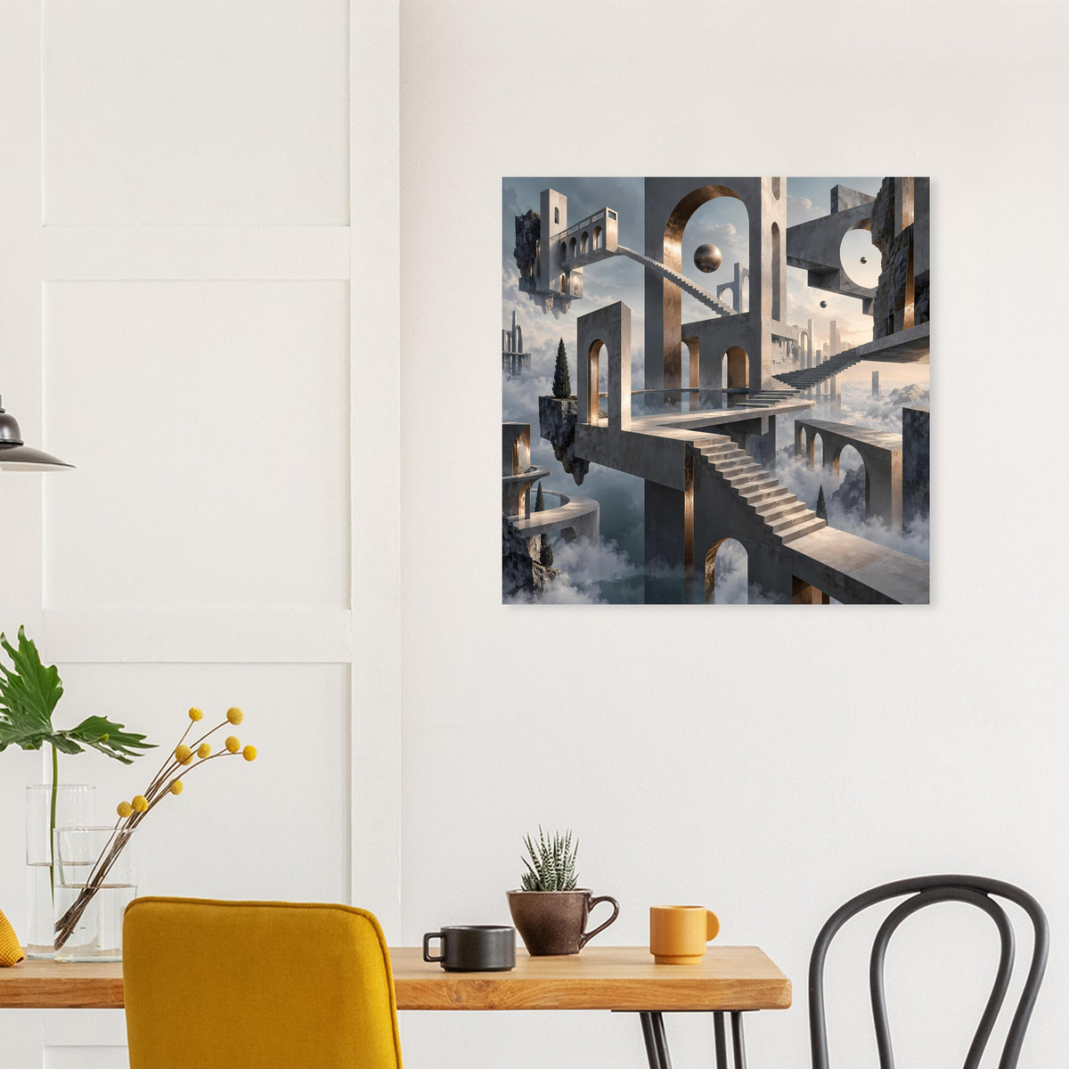 Architekturposter mit monumentalen Bögen und Treppen, grau mit goldenen Details