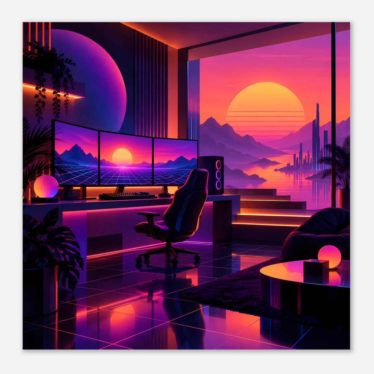 Quadratisches Neon-Retro-Poster mit futuristischer Lounge und Sonnenkreis in Pink/Violett