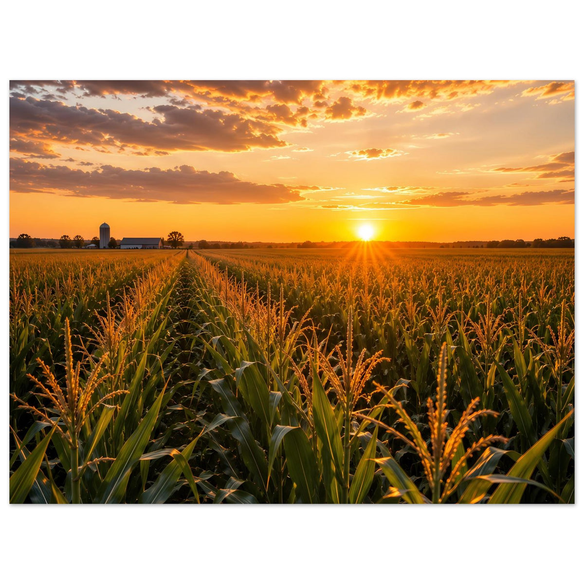 Querformat-Poster mit Sonnenuntergang über Maisfeld und weitem Horizont