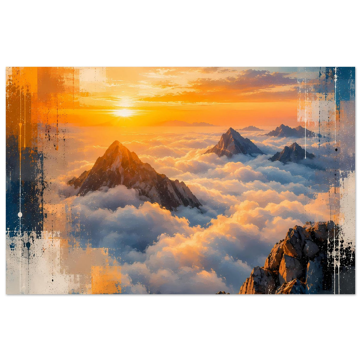 Breites Poster mit Sonnenaufgang über Wolken, Berge in warmen Orange- und Blautönen
