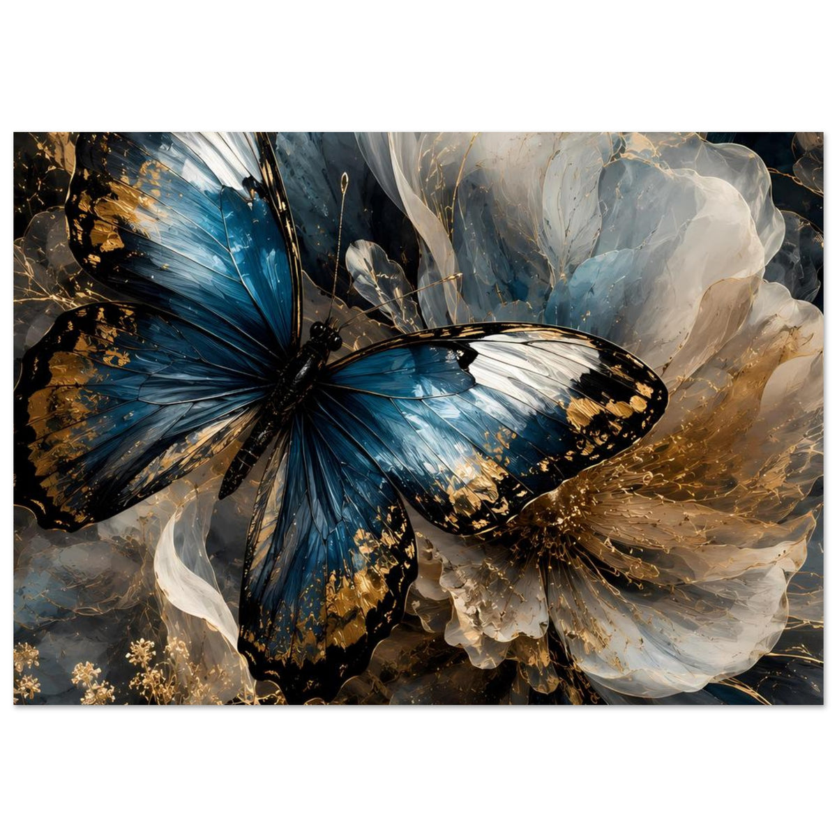Horizontales Premium-Poster: Schmetterling in Blau, Weiß und Gold mit dekorativen Strukturen
