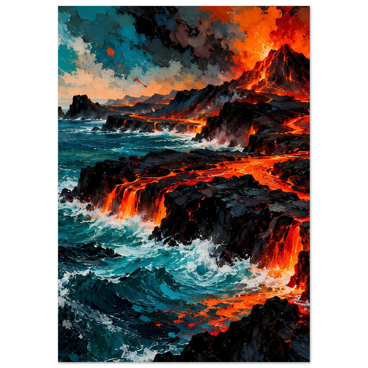 Glühende Lava trifft auf aufgewühltes blaues Meer – Vulkan Wandbild