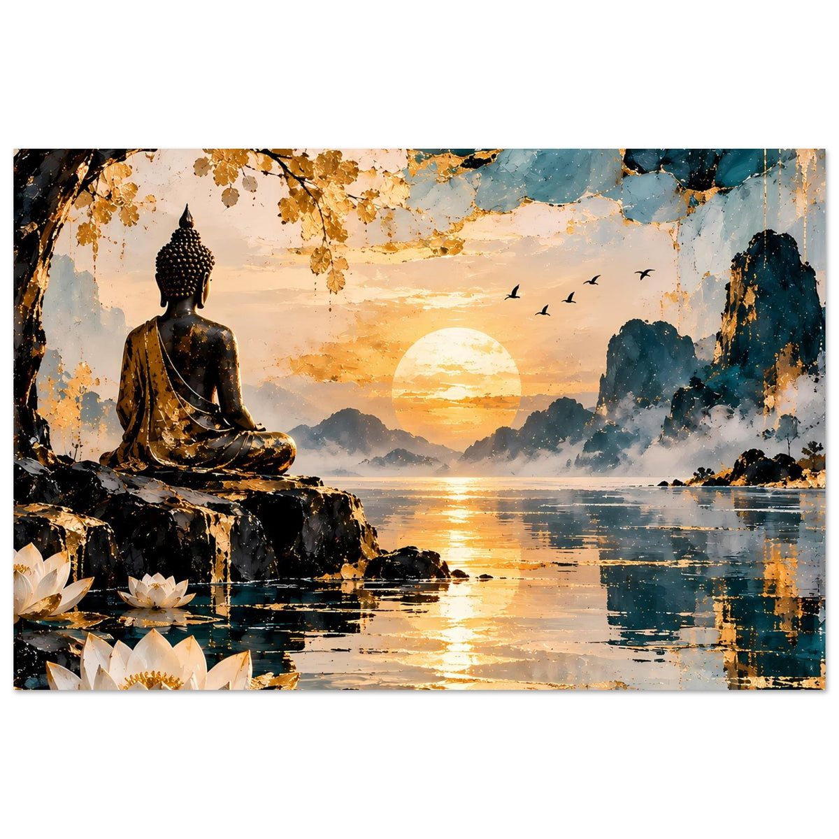 Buddha-Motivposter mit Buddhafigur am Seeufer, Sonnenuntergang, Spiegelungen im Wasser