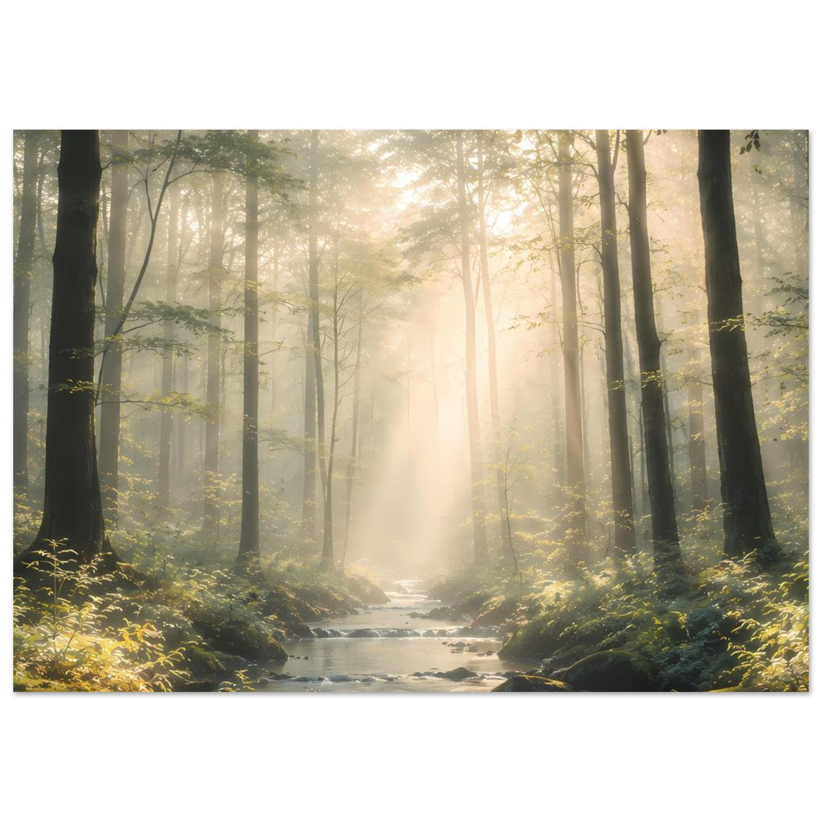 Naturposter Querformat: Waldkulisse mit Bachlauf im Licht der Sonne