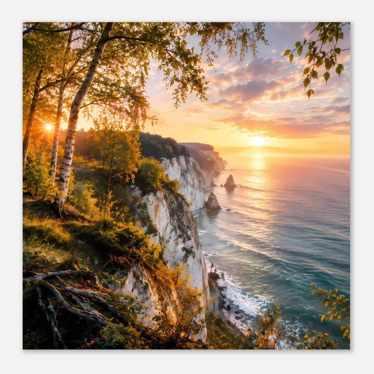 Küstenlandschafts-Poster im Querformat: Klippenküste, Bäume und Sonnenuntergang