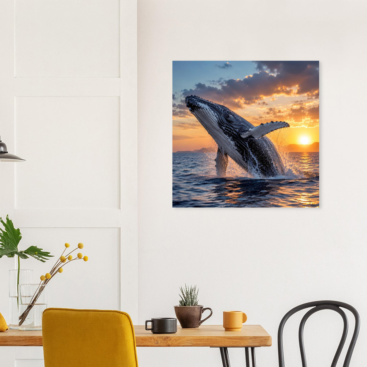 Mattes Poster mit springendem Buckelwal, Meerblick und Abendhimmel