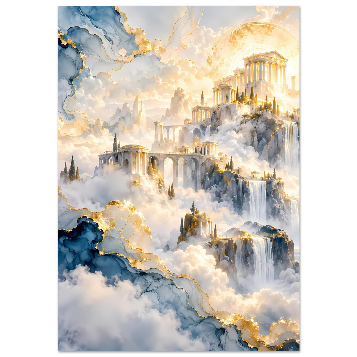 Kunstposter im Hochformat mit goldglühender Säulenanlage, Nebel und Wasserfällen in den Bergen