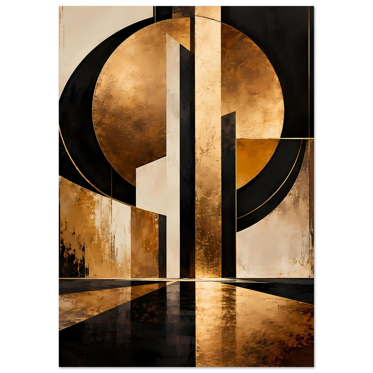 Abstraktes Gold-Schwarz Art Poster mit kreisförmigen Elementen, Rechteckflächen und Mittelsteg