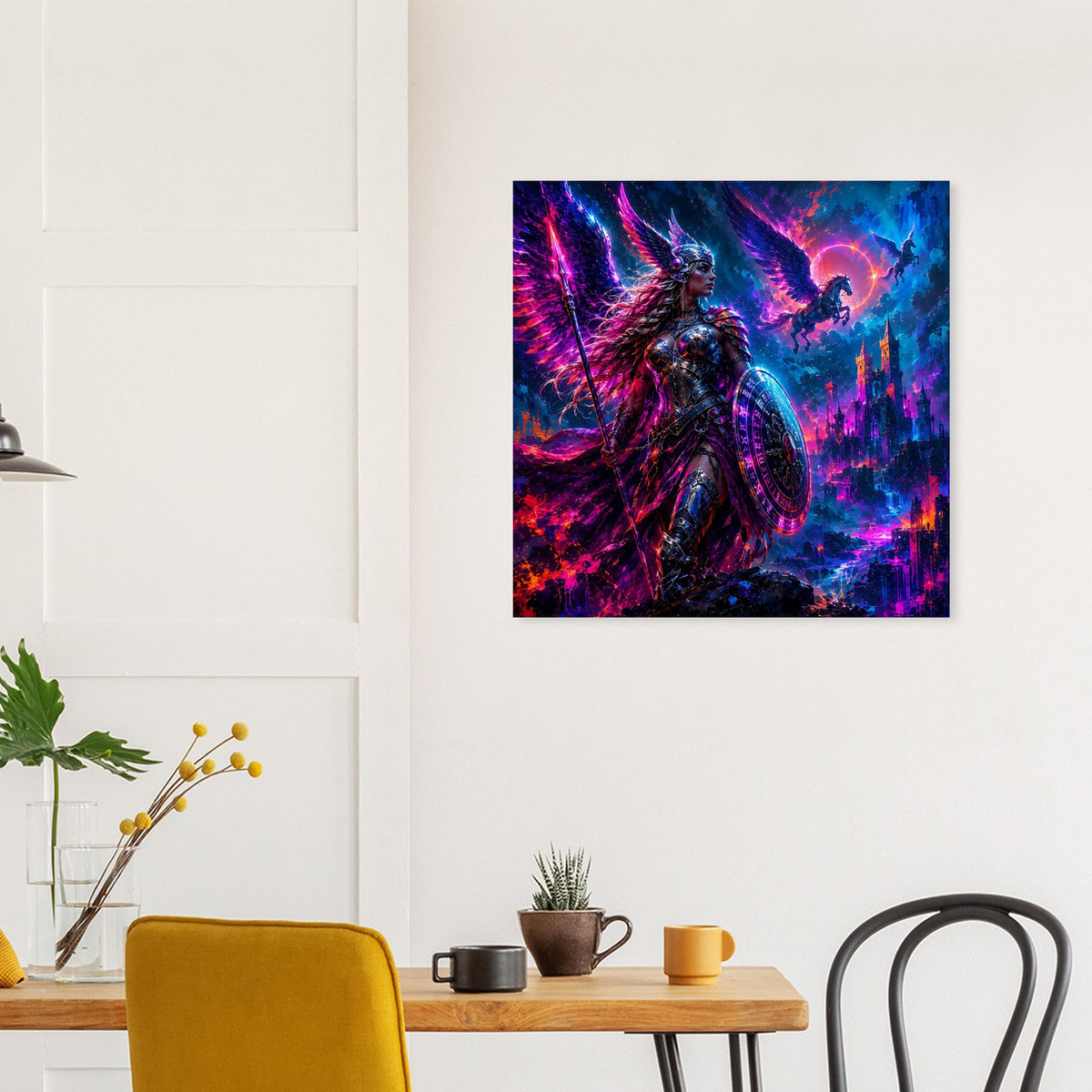 Quadratisches Fantasy-Poster mit Valkyrie-Kriegerin, glühendem Himmel und markanten Farbspritzern