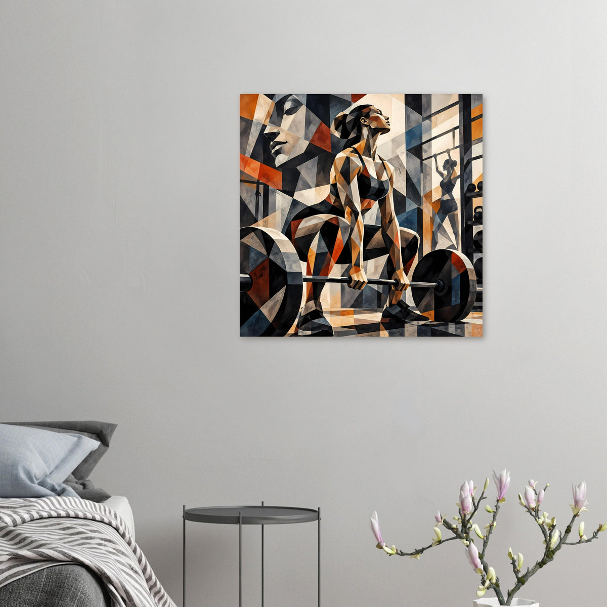 Gerahmtes, quadratisches Poster mit abstrakter Sportlerin und Hantelstange