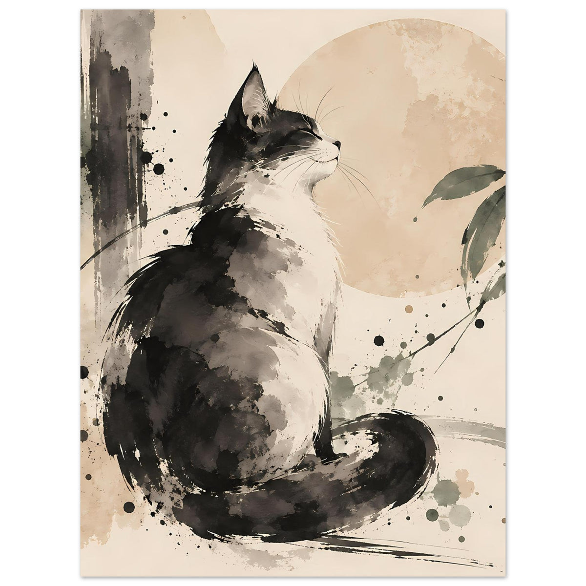 Poster im Hochformat mit Katze in Schwarzweiß, aquarellartige Sprenkel und Blätterzweig