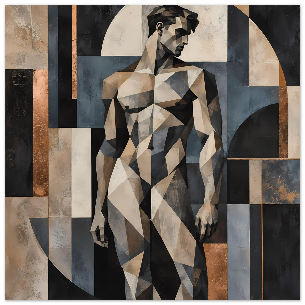 Kunstposter mit geometrischem Figurenmotiv, Profilansicht, beige, grau, blau und schwarz