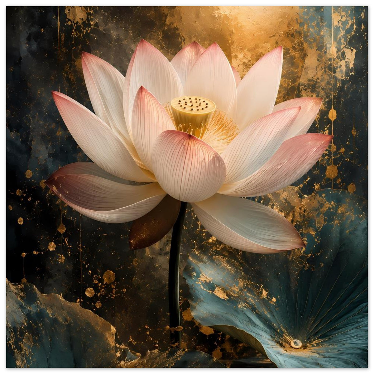 Gerahmtes Poster mit Lotusblüte: weiße und rosafarbene Blütenblätter, goldene Mitte.