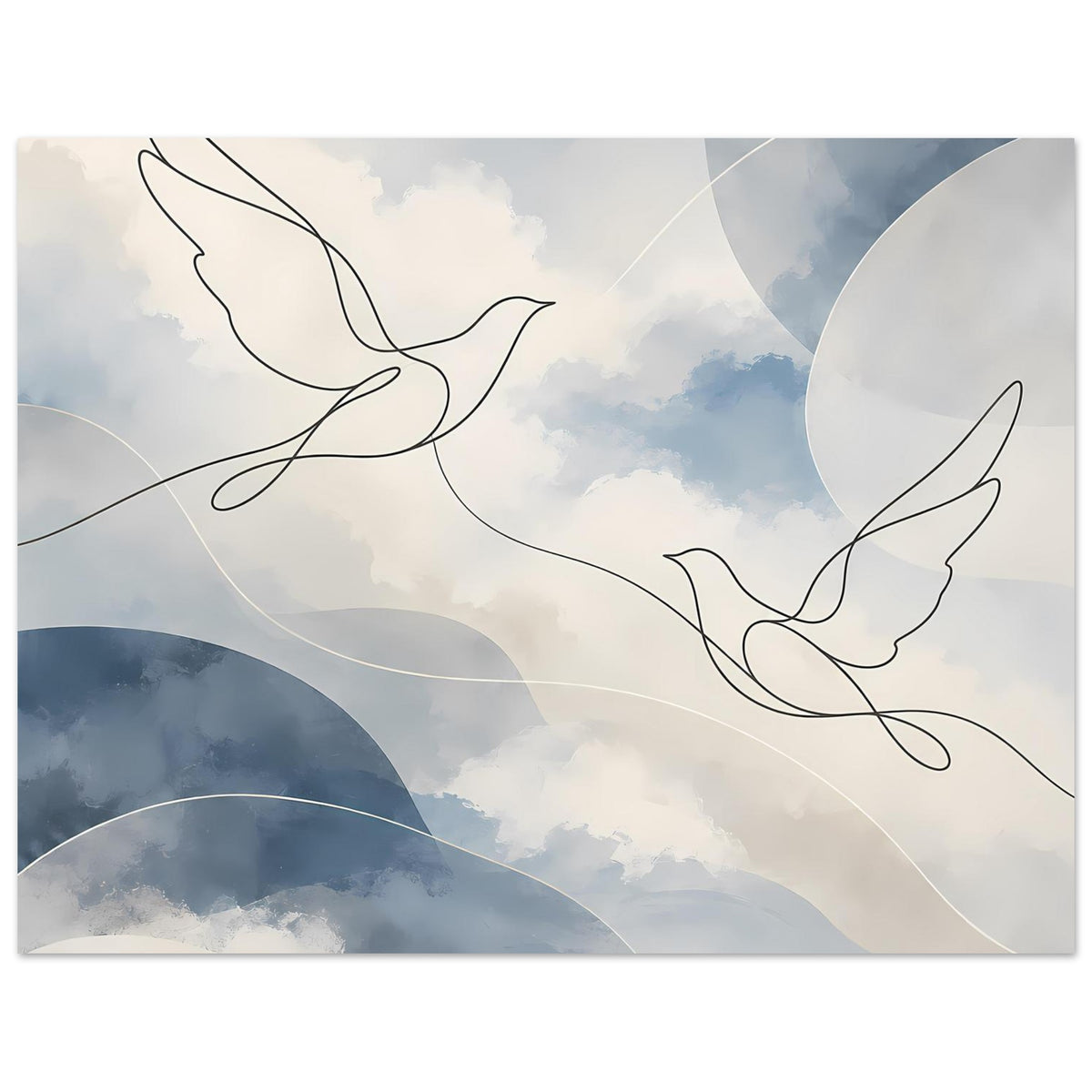 Kunstdruck mit abstrakten Wolken, blauen Kurven und schwarzen Friedenstauben als Konturlinien