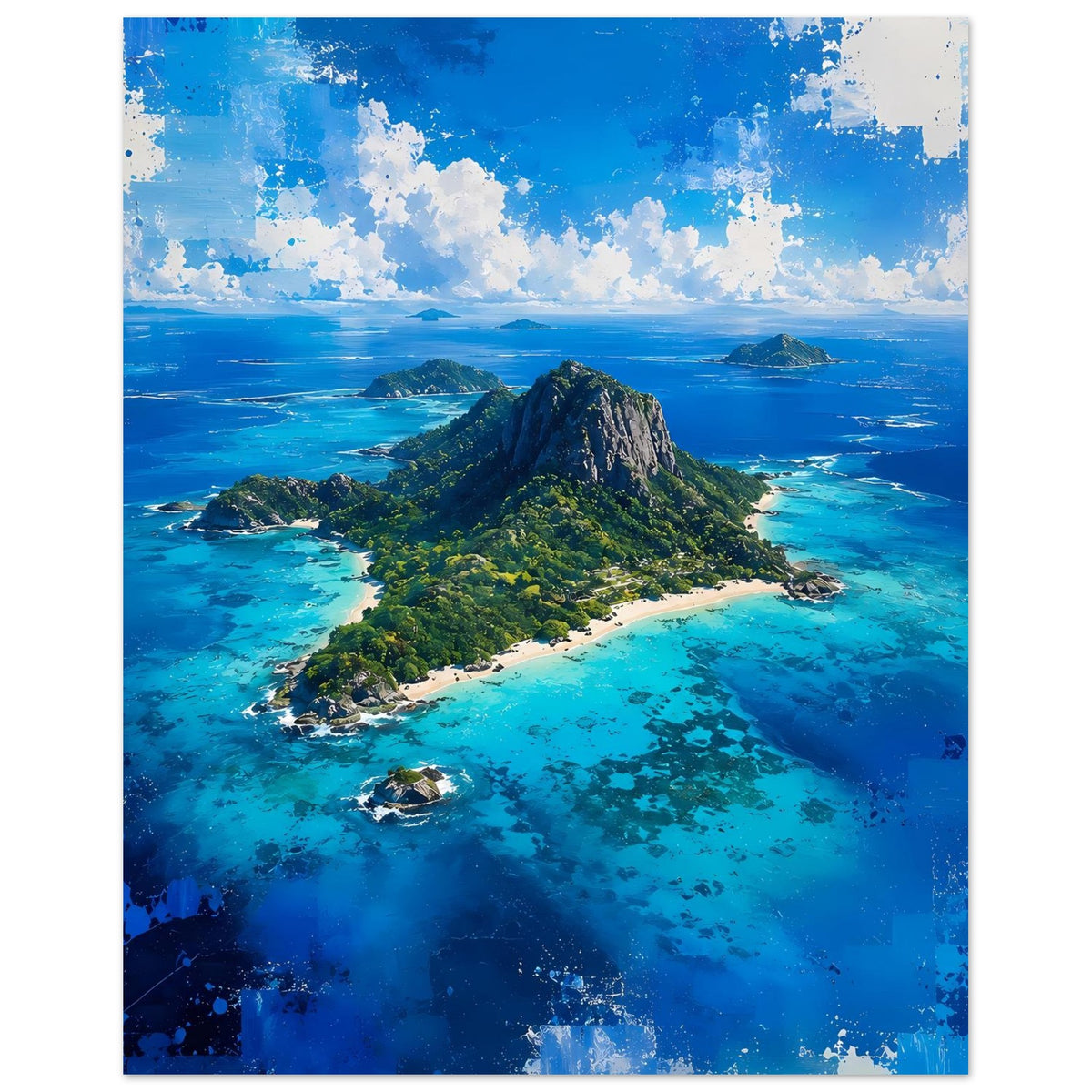 Poster hochformatig: tropische Insel mit Felsberg und türkisblauen Lagunen.
