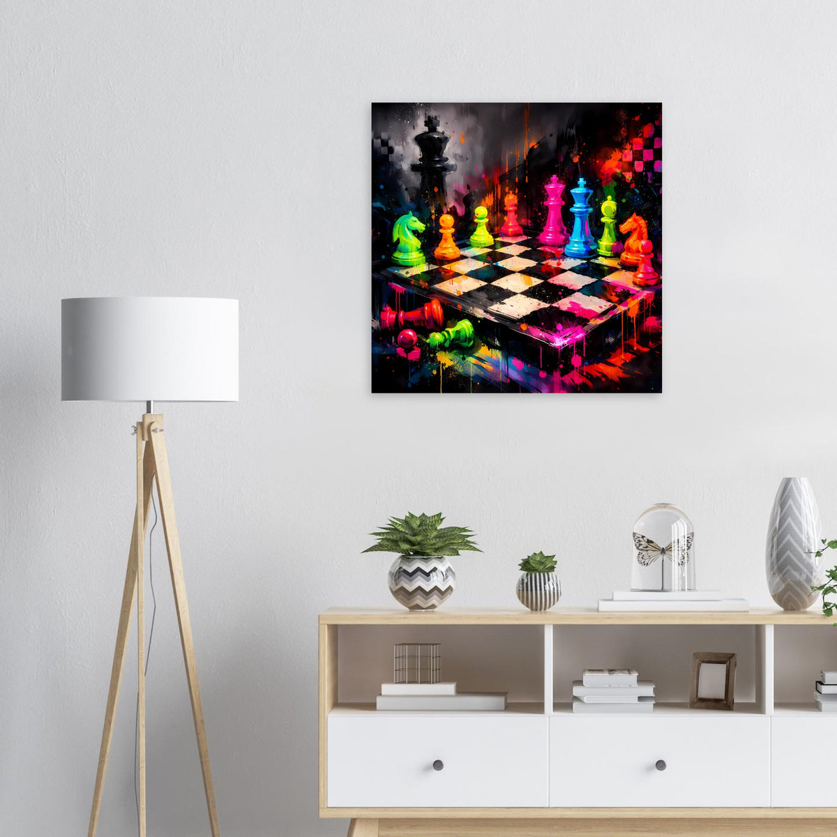 Neonfarbenes Schachposter mit bunten Schachfiguren und Farbspritzern, schwarz gerahmt.