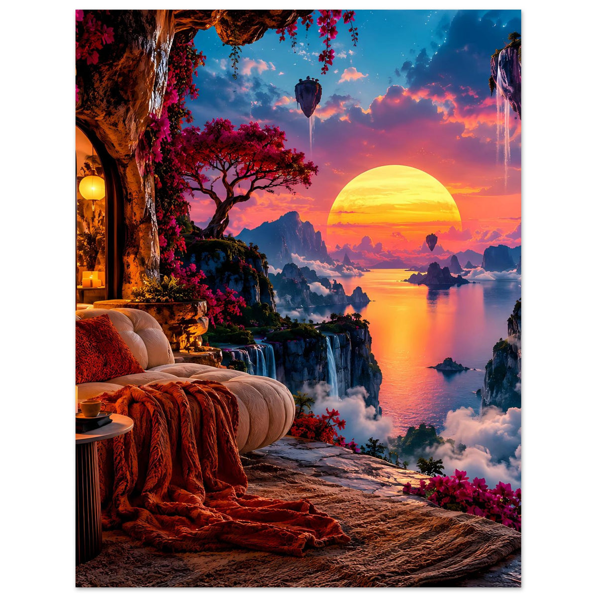Poster im Hochformat mit Landschaftsweg: bunte Blumen, Wasserfälle, Sonnenball am Horizont.