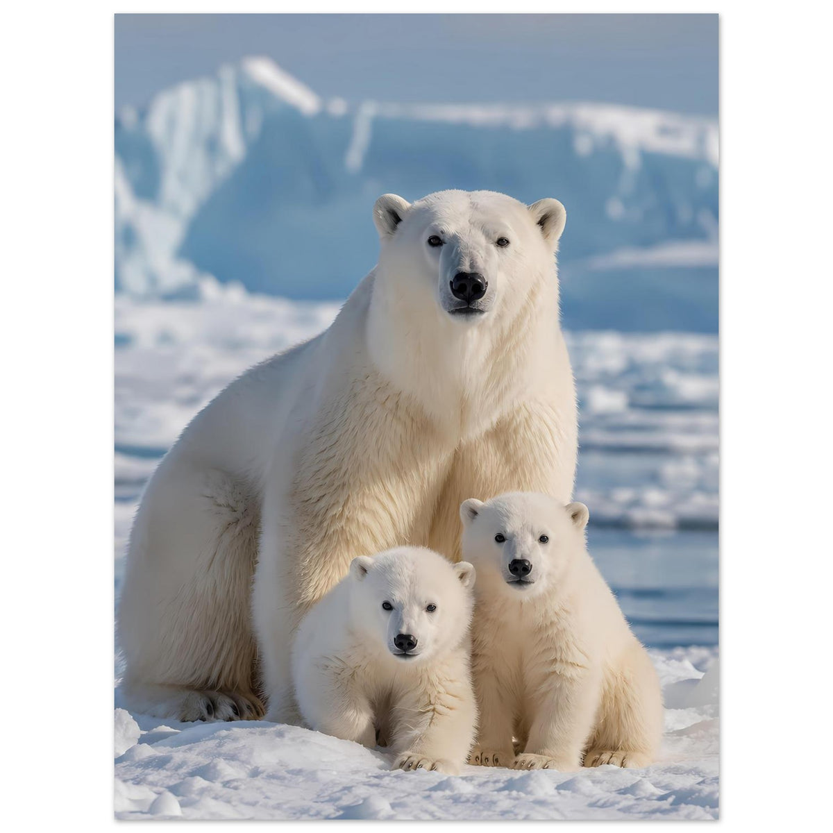 Kunstdruck mit Eisbärenmutter und zwei Jungtieren, Hochformat, knapp zugeschnitten
