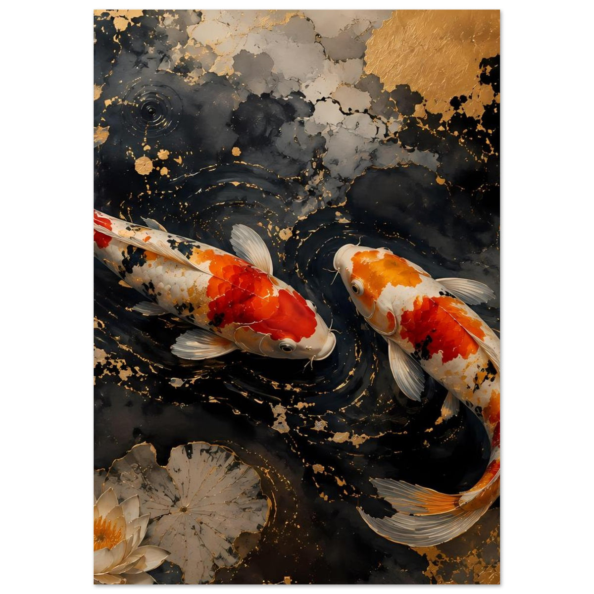 Poster mit zwei Koi-Fischen im dunklen Wasser, goldene Farbpunkte und Seerose
