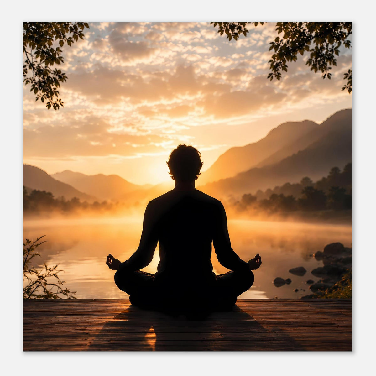 Meditationsposter Querformat, Silhouette im Lotossitz vor Sonnenaufgang am Wasser