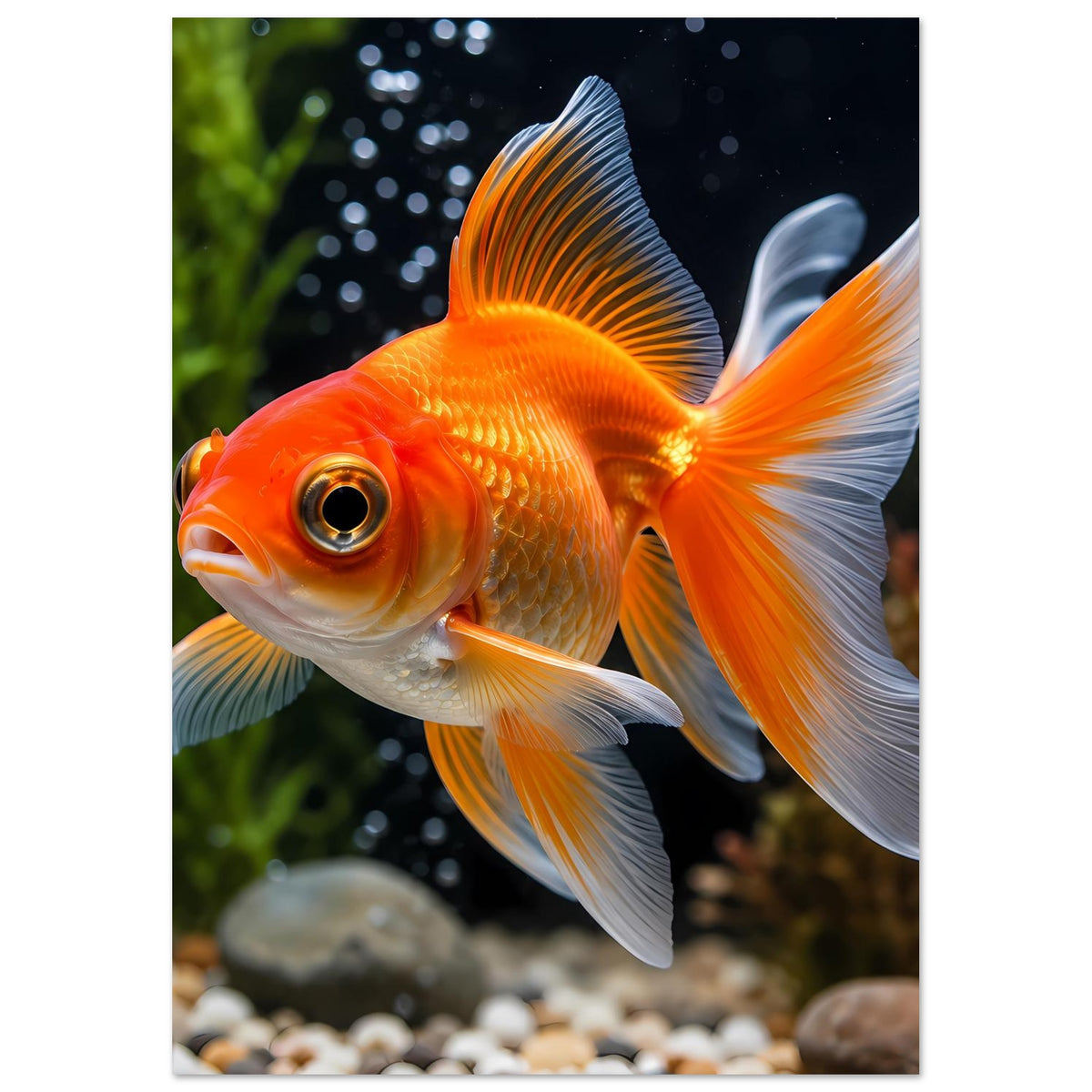 Vertikales Poster mit orangefarbenem Goldfisch, geöffneten Flossen und weißem Schwanz