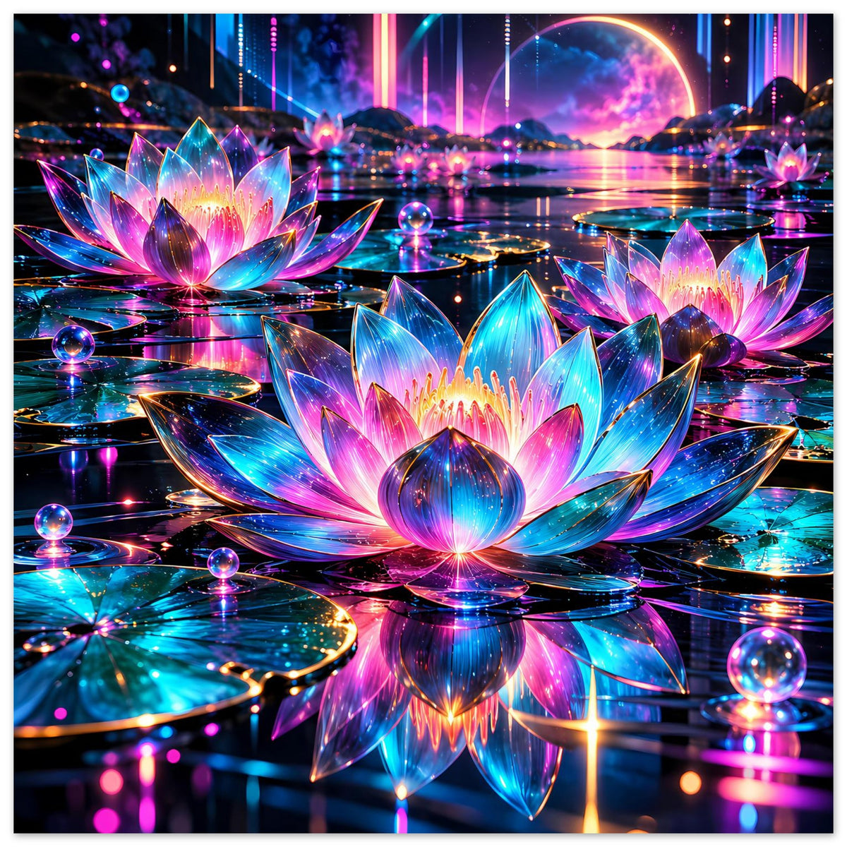 Neon-Lotus Poster mit zwei leuchtenden Blüten und farbigen Reflexionen auf Wasser