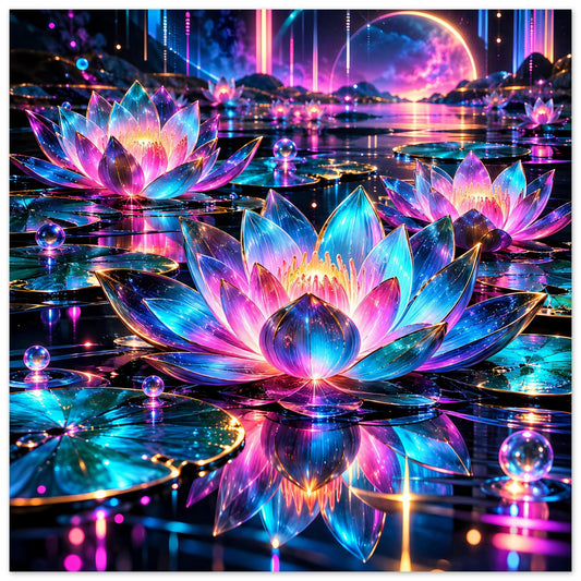 Neon-Lotus Poster mit zwei leuchtenden Blüten und farbigen Reflexionen auf Wasser
