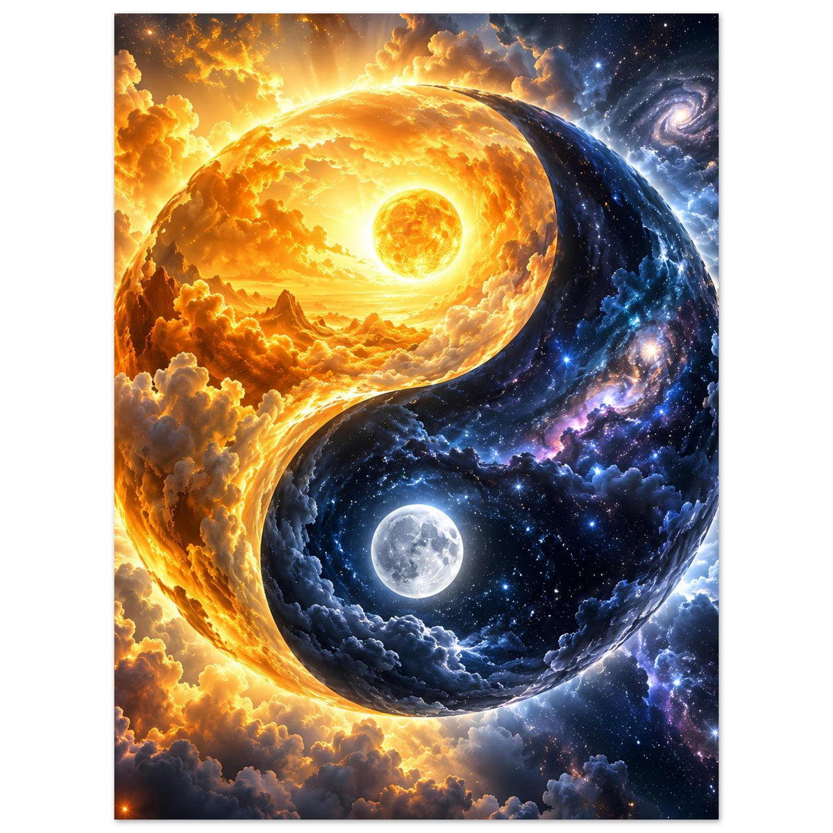 Yin-Yang-Kosmos-Kunstposter: helle Sonnenhälfte und dunkle Mondhälfte auf kosmischer Kugel