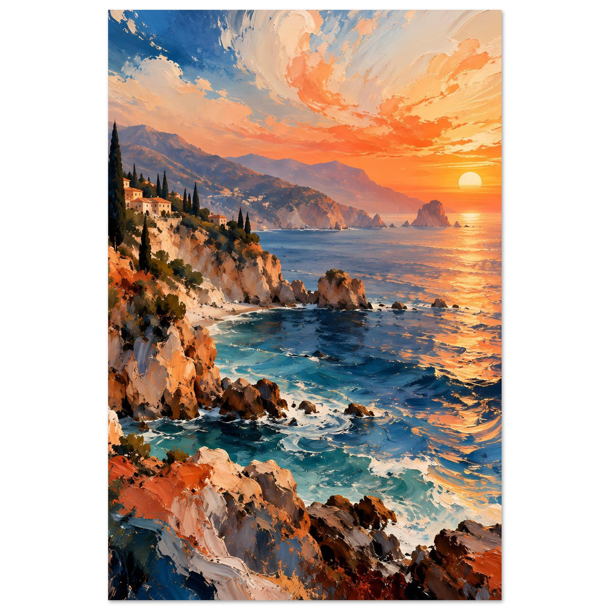 Hochformat-Poster mit Küstenklippen, Sonnenuntergang über dem Meer und Bergen