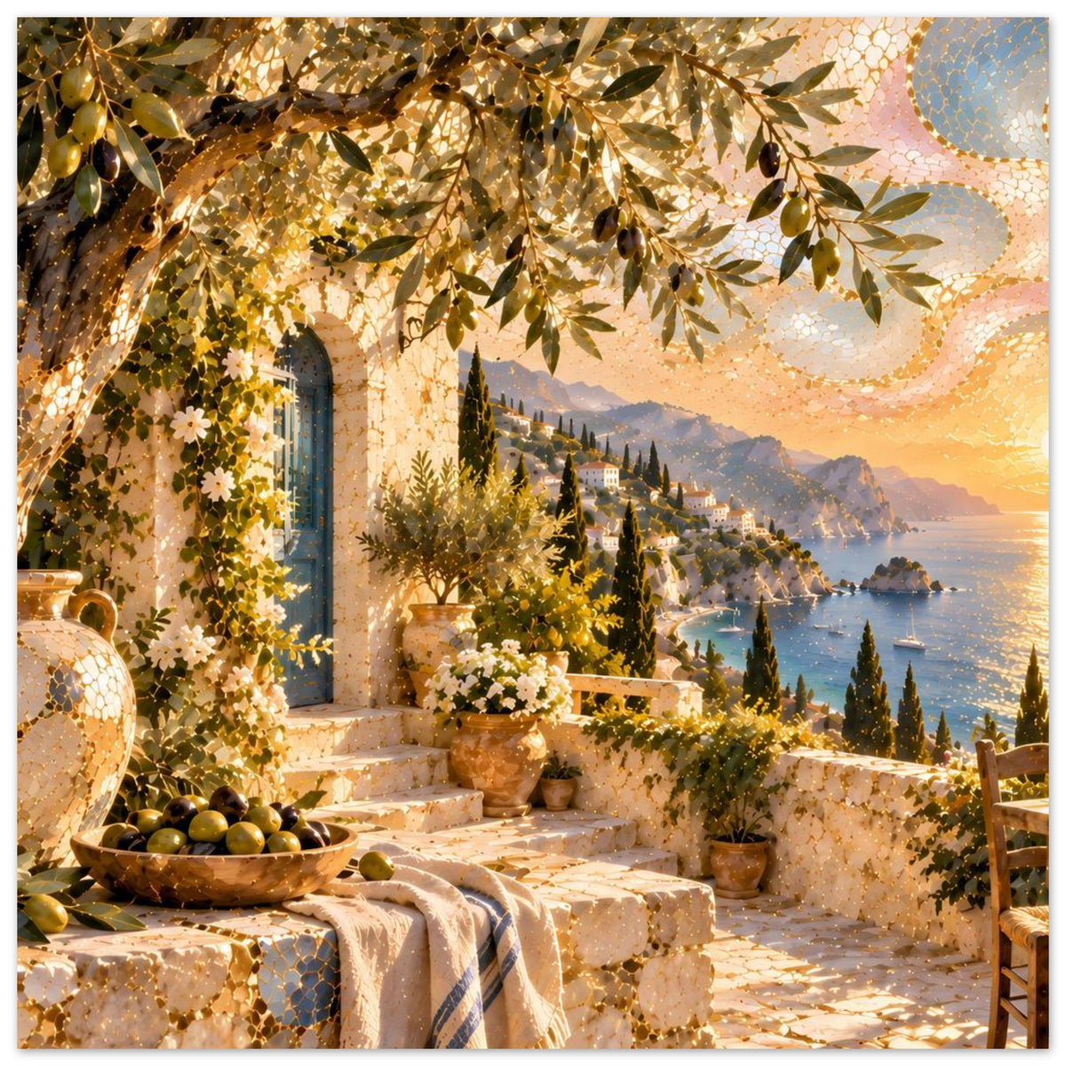 Mosaik-Kunstdruck mit Steinstufen, Blumen im Topf, goldenen Olivenzweigen und Meerblick