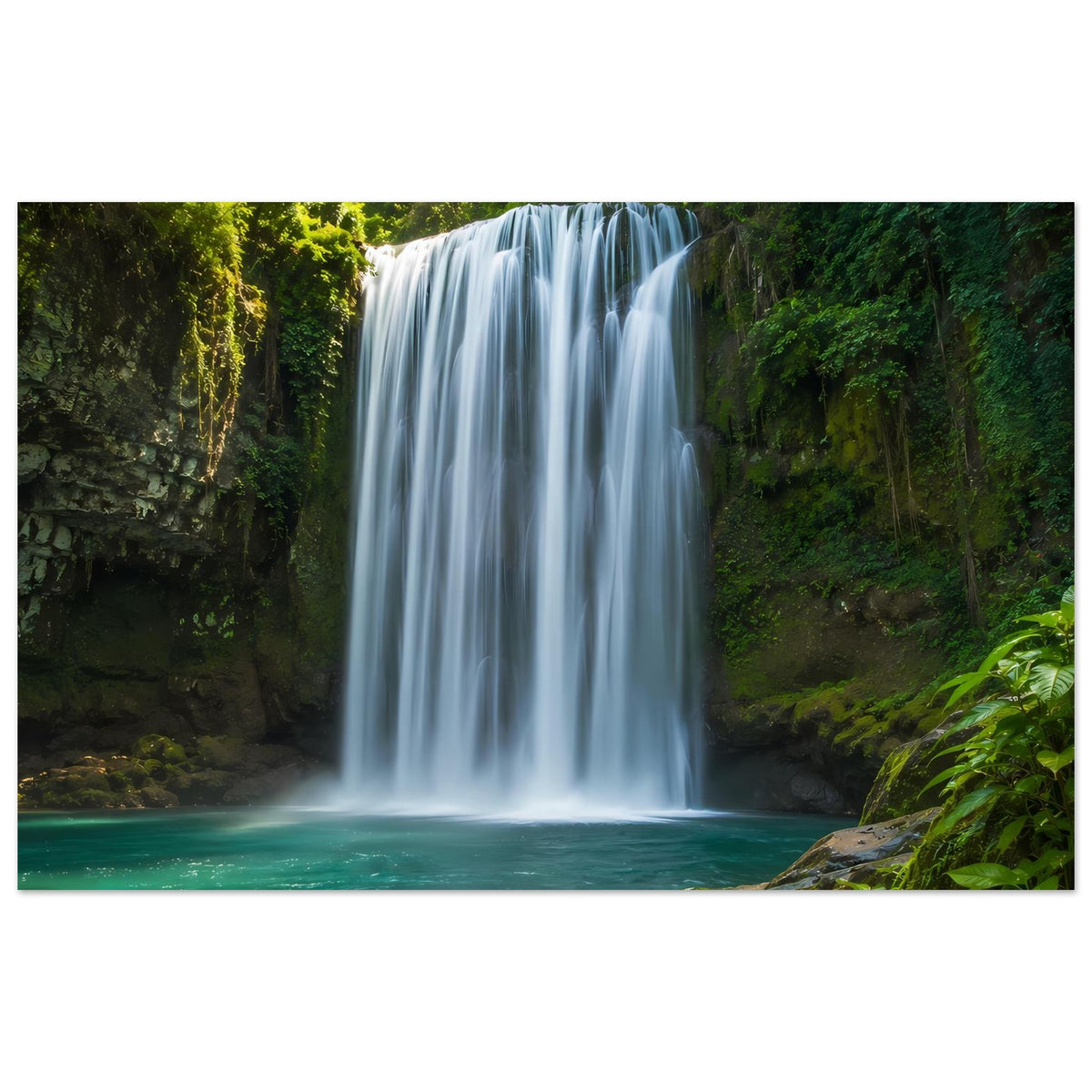 Wandposter mit Wasserfall und türkisgrünem Flussbecken, grüne Umgebung, horizontal