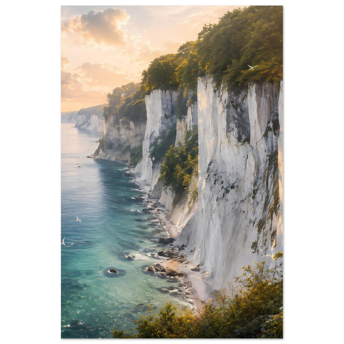 Vertikales Poster mit weißen Klippen, türkisblauem Meer und dichtem Grün am Rand.