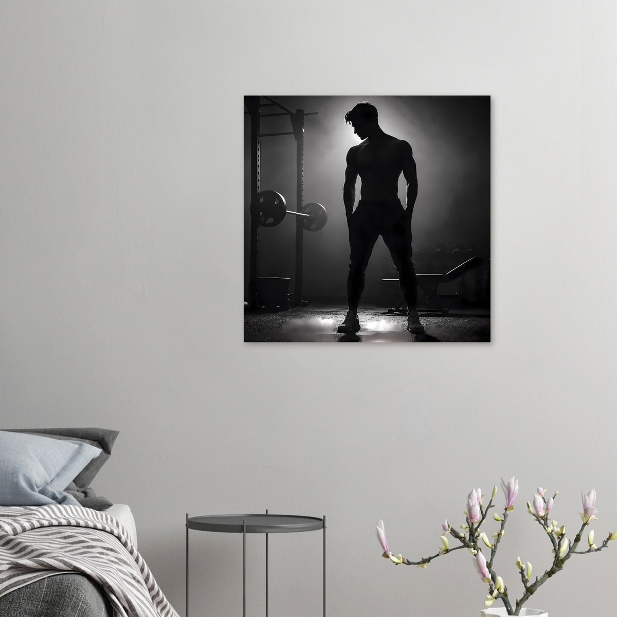 Gerahmter Kunstdruck mit Sport-Silhouette eines Mannes, Fitnessstudio-Look, Schwarzweiß