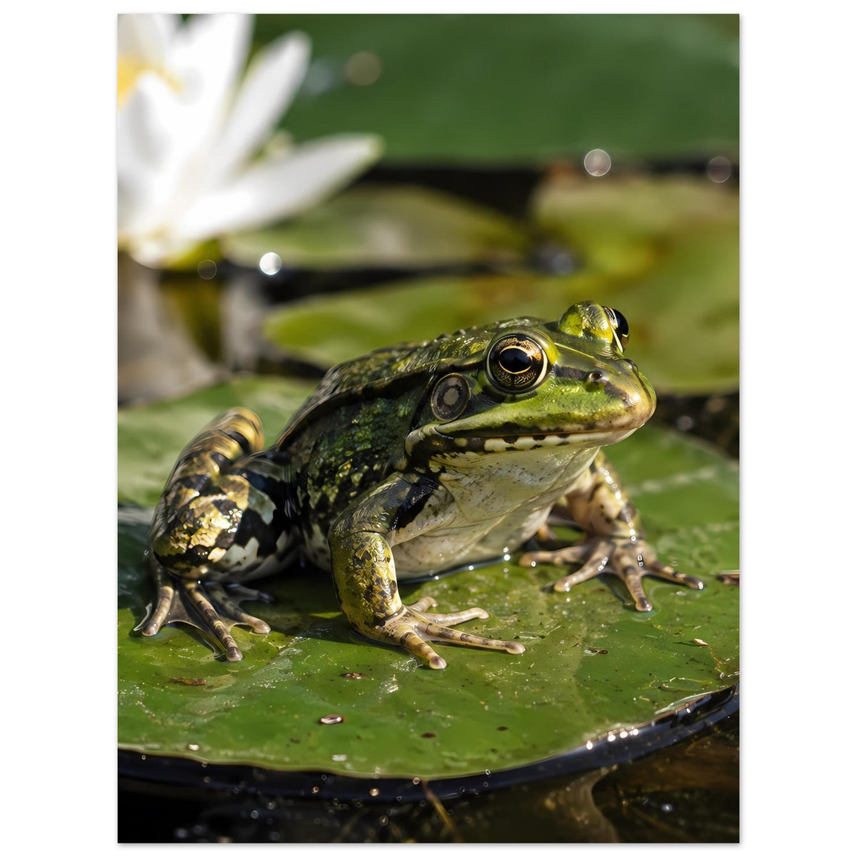 Poster: grüner Frosch auf Seerosenblatt, zentriert mit Blick auf Augen