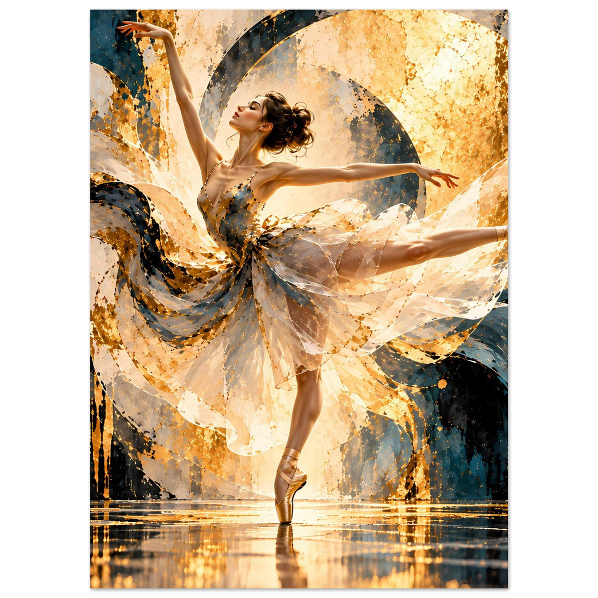 Kunstposter mit Balletttänzerin auf Zehenspitzen, beiges Tutu, goldener Lichteffekt, Blauakzente