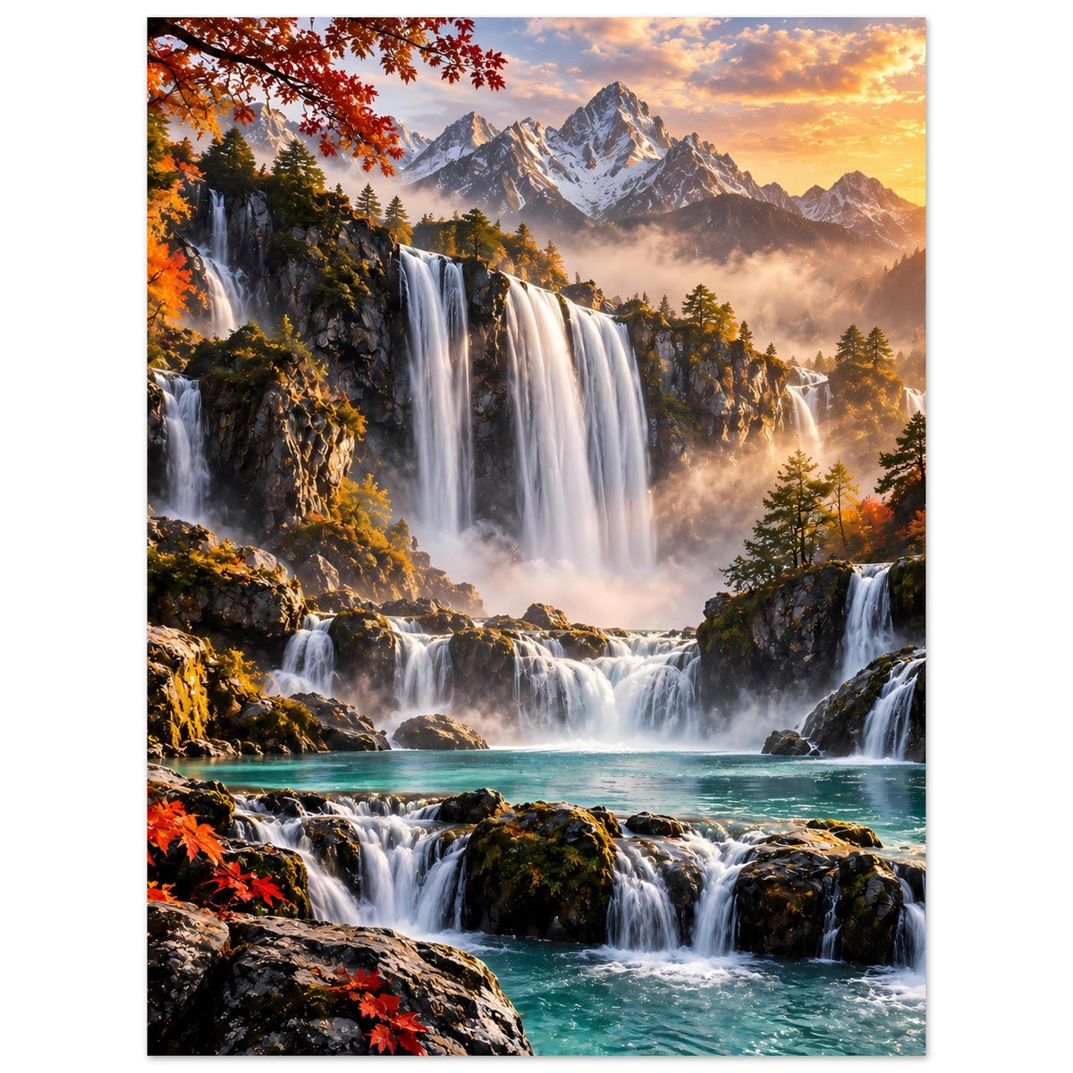 Poster mit Bergwasserfällen, türkisfarbenem Wasser und Herbstlaub im goldenen Licht