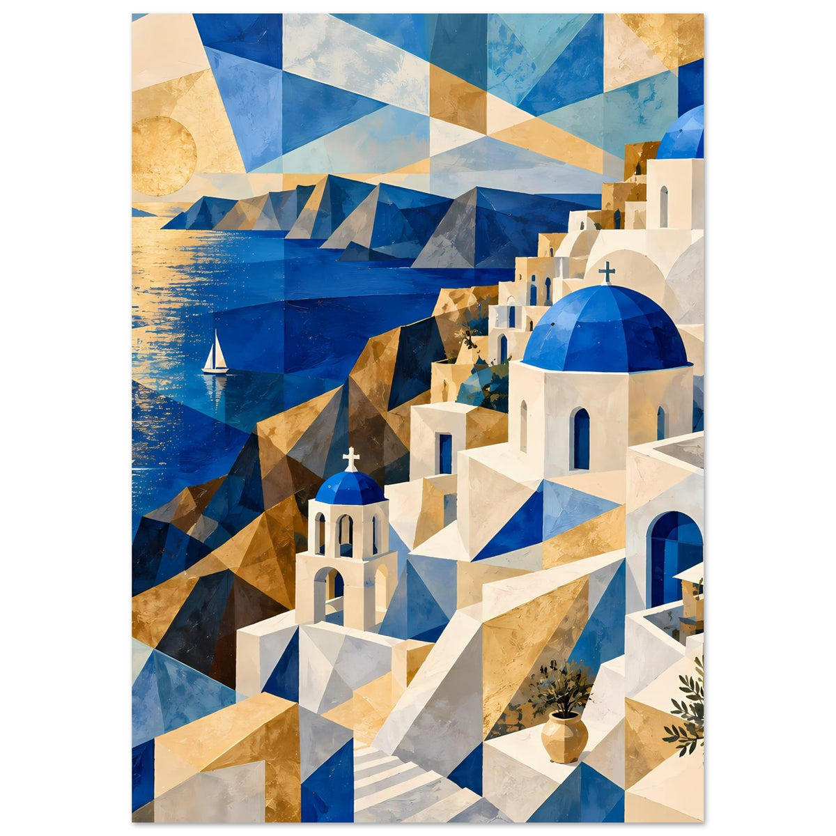 Geometrisches Poster mit blauen Kuppeln, weißen Gebäuden und goldenen Polygonen