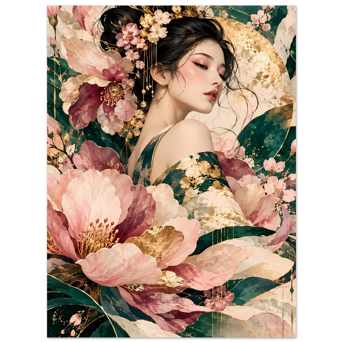 Vertikales Poster mit Frau im Profil, Blumen in Rosé, Grün und Gold