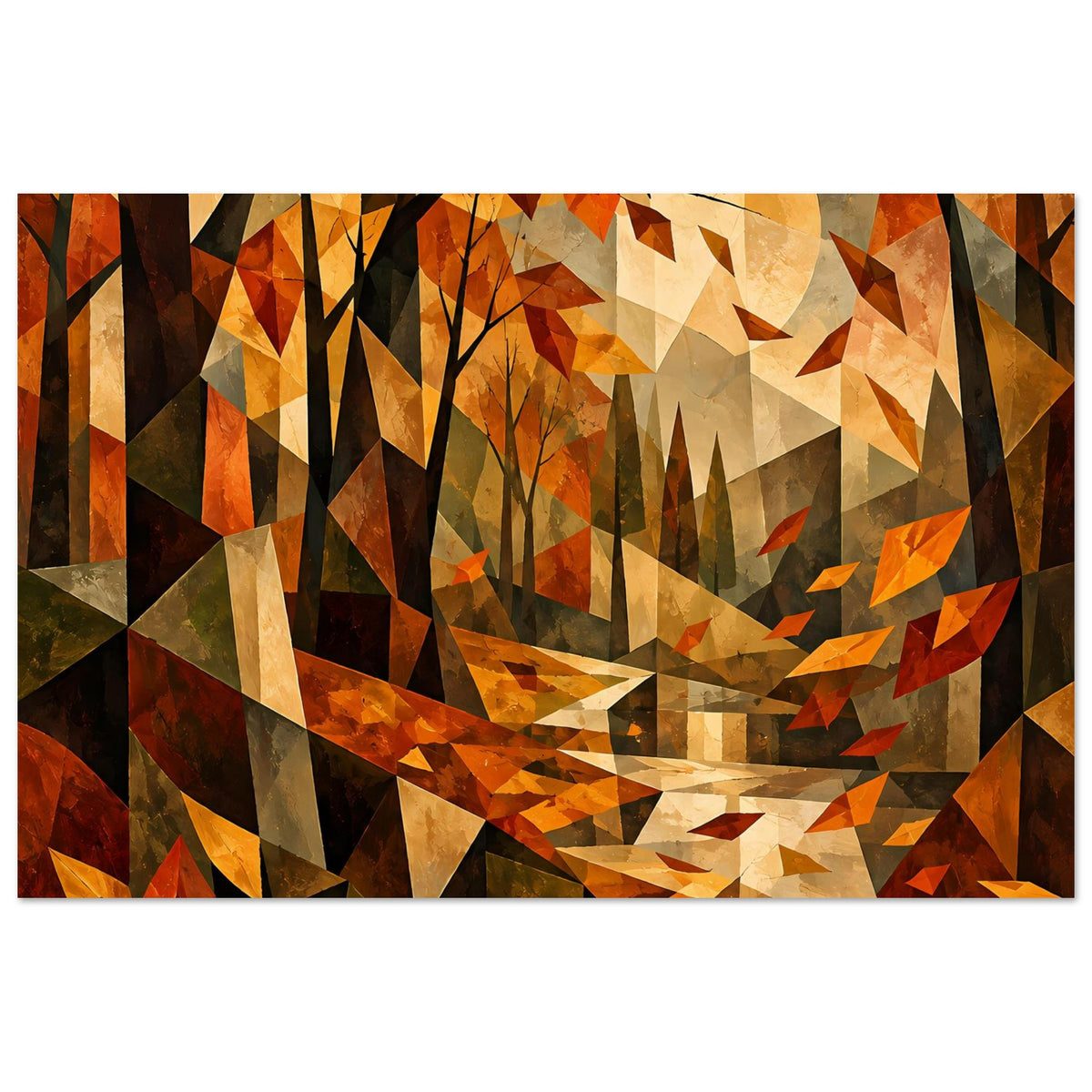 Kubistisches Herbstlandschafts-Poster: Bäume im Vordergrund, große helle Sonne, warme Farbfelder
