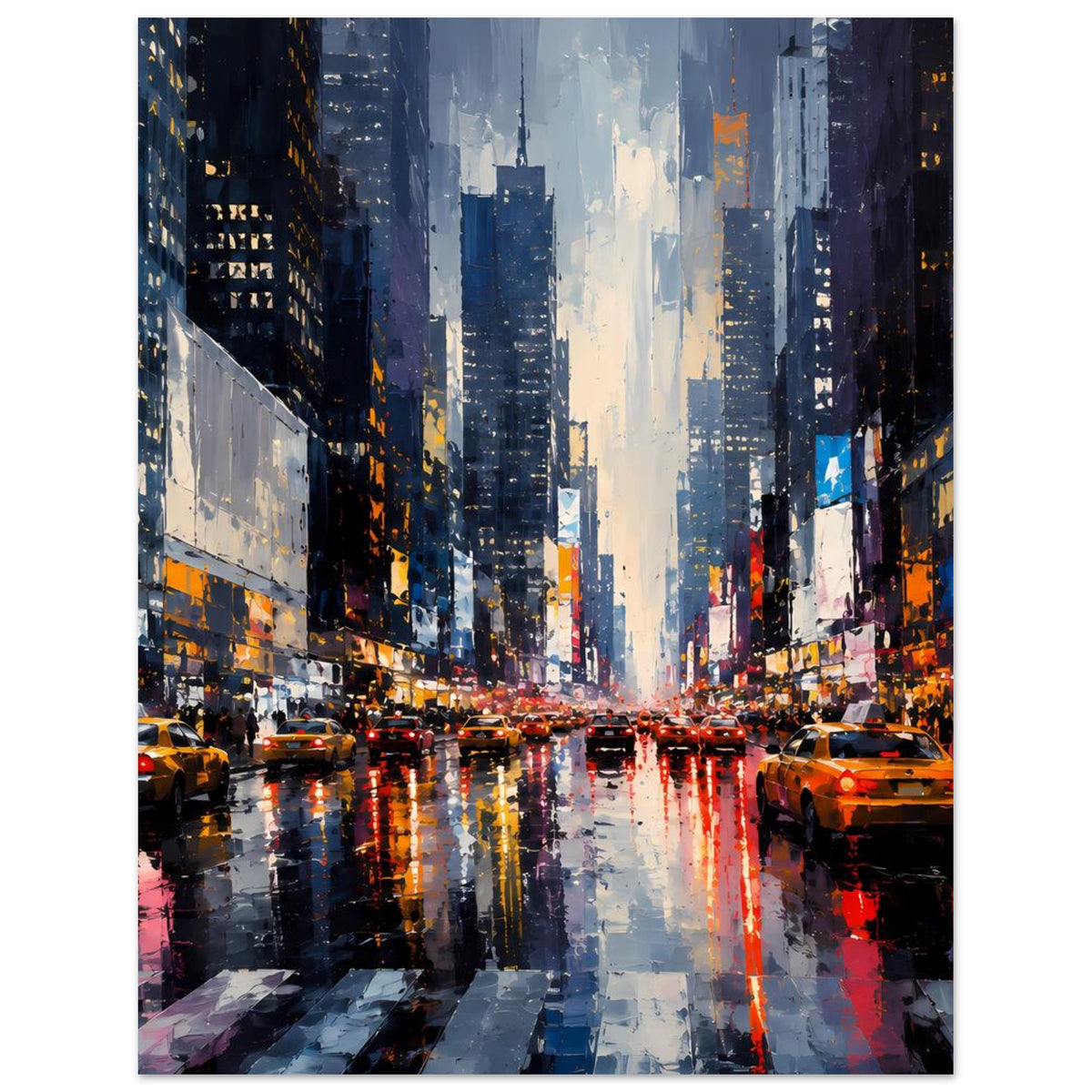 Stadtmotiv-Poster (rechteckig) mit nasser Straße, Reflexionen in Blau, Schwarz und Orange