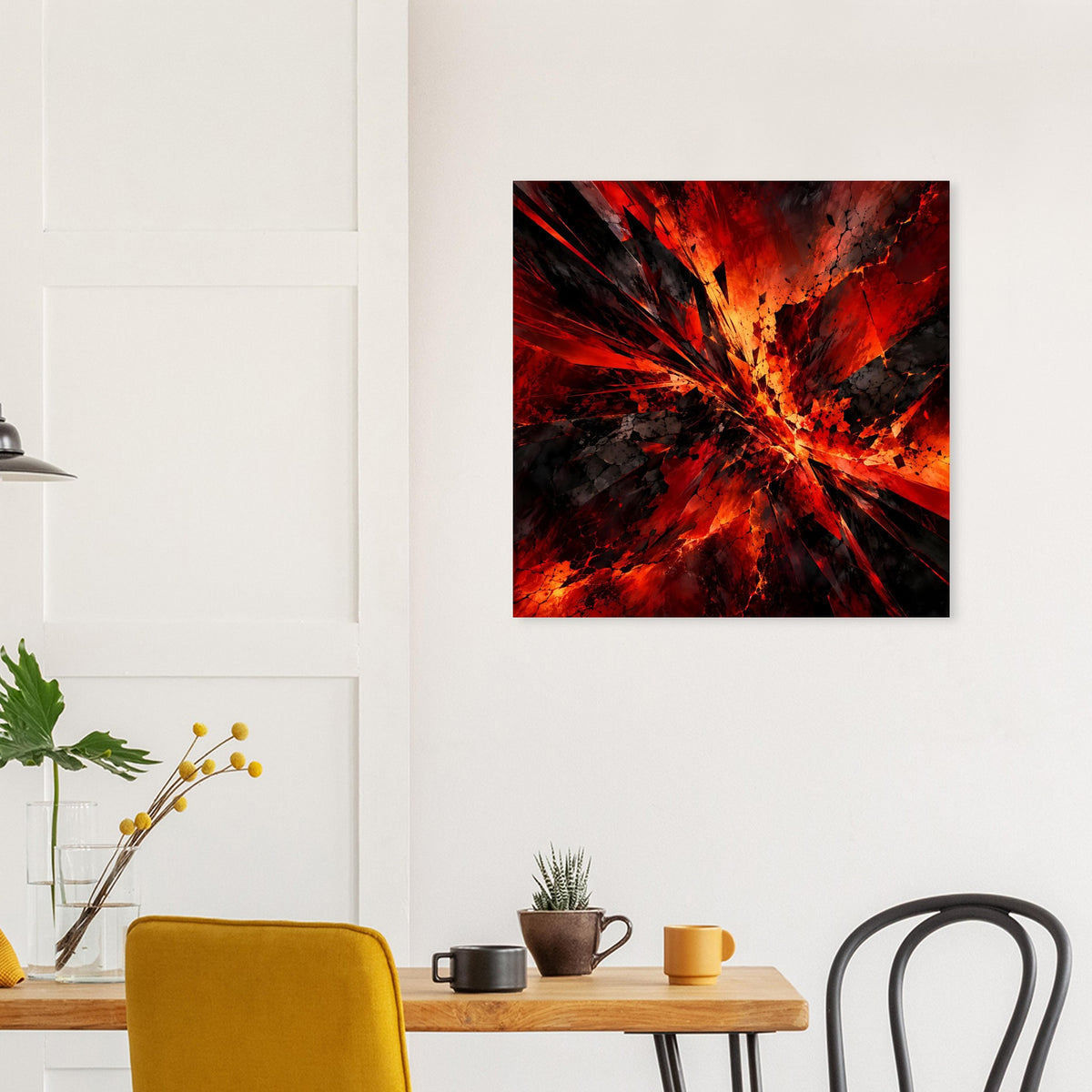 Quadratisches Kunstposter mit rotem Feuerglanz und schwarzen radialen Linien