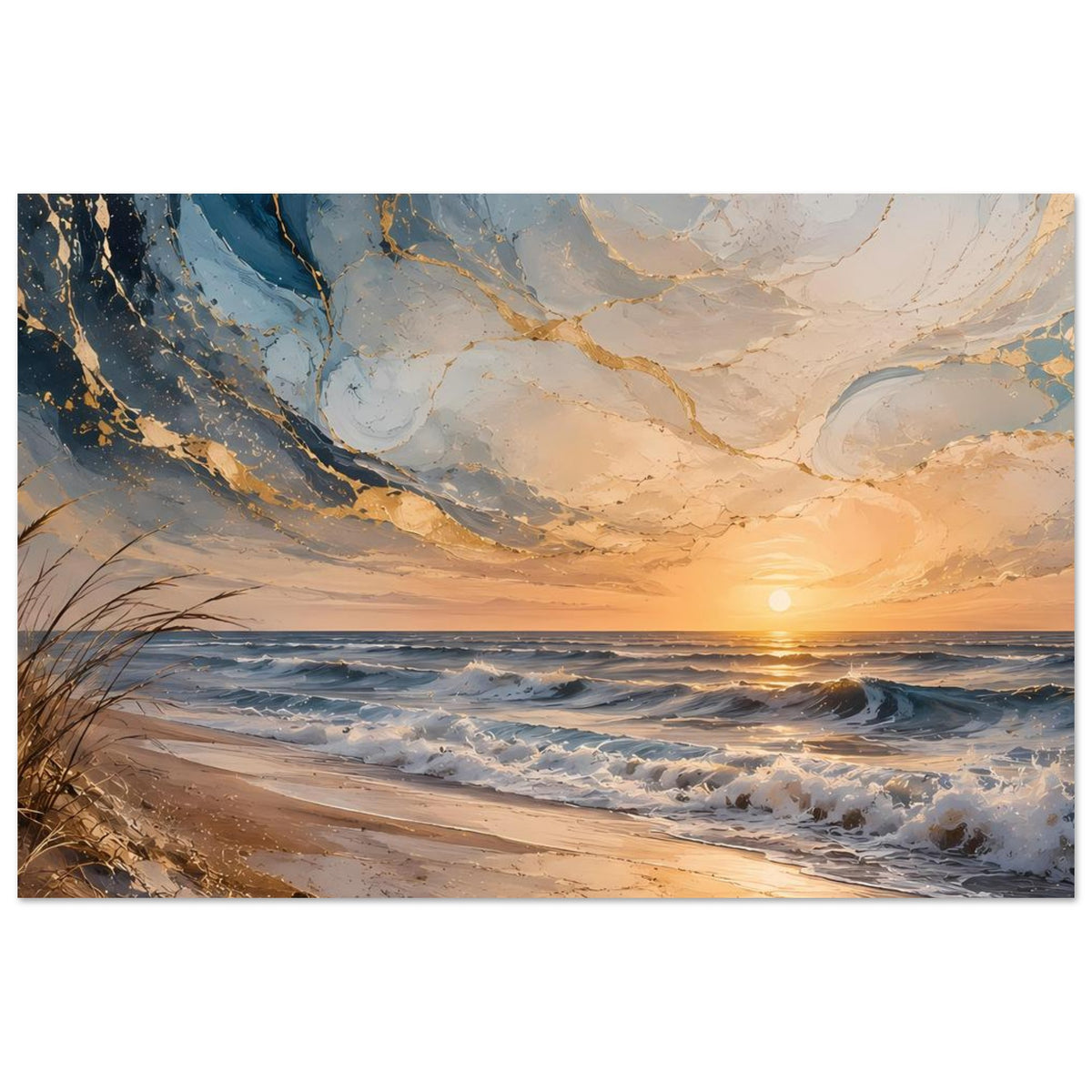 Meerstrand-Poster im Querformat: goldene Wellen, Sandstrand, tiefes Sonnenlicht und Himmeladern